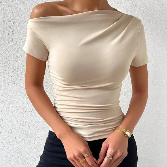 Apricot Casual Women's Solid Ruched Asymmetrical Neck Tee - Picture 4 of 6